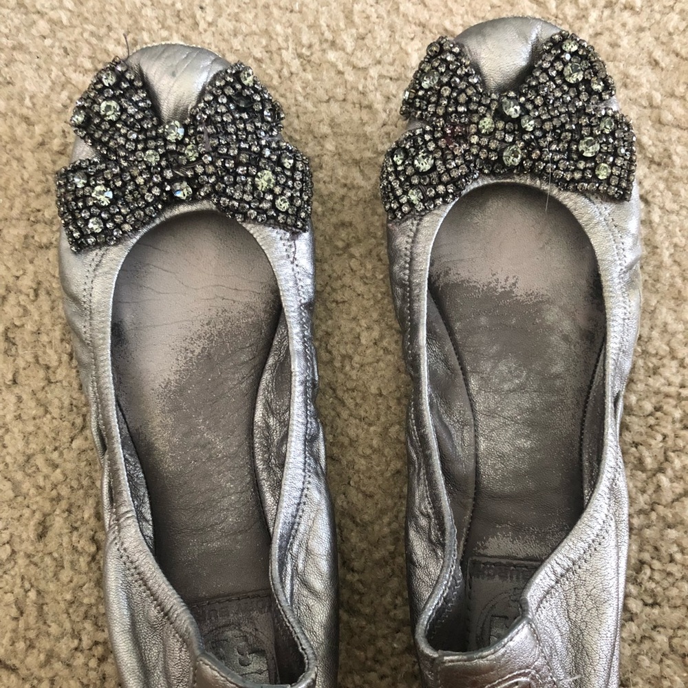 Tory Burch Silver Eddie Bow Embellished Flats